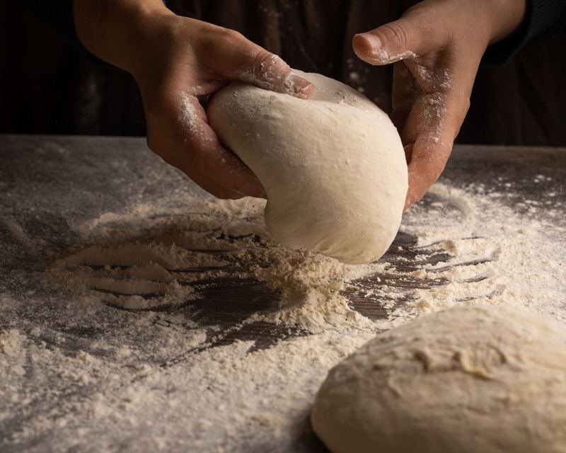 A baker’s hands shaping dough on a floured bench