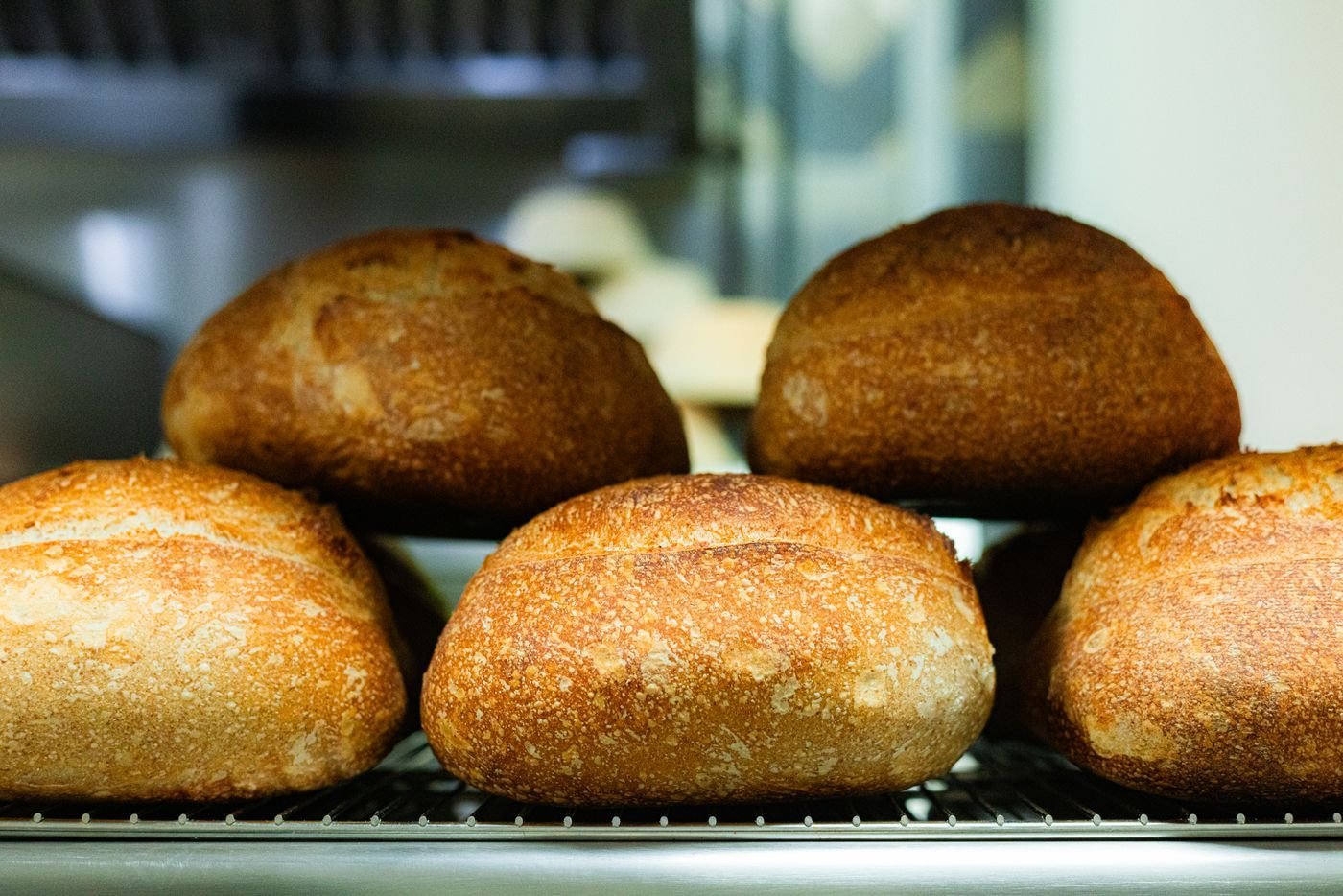 Golden loaves cooling on a rack