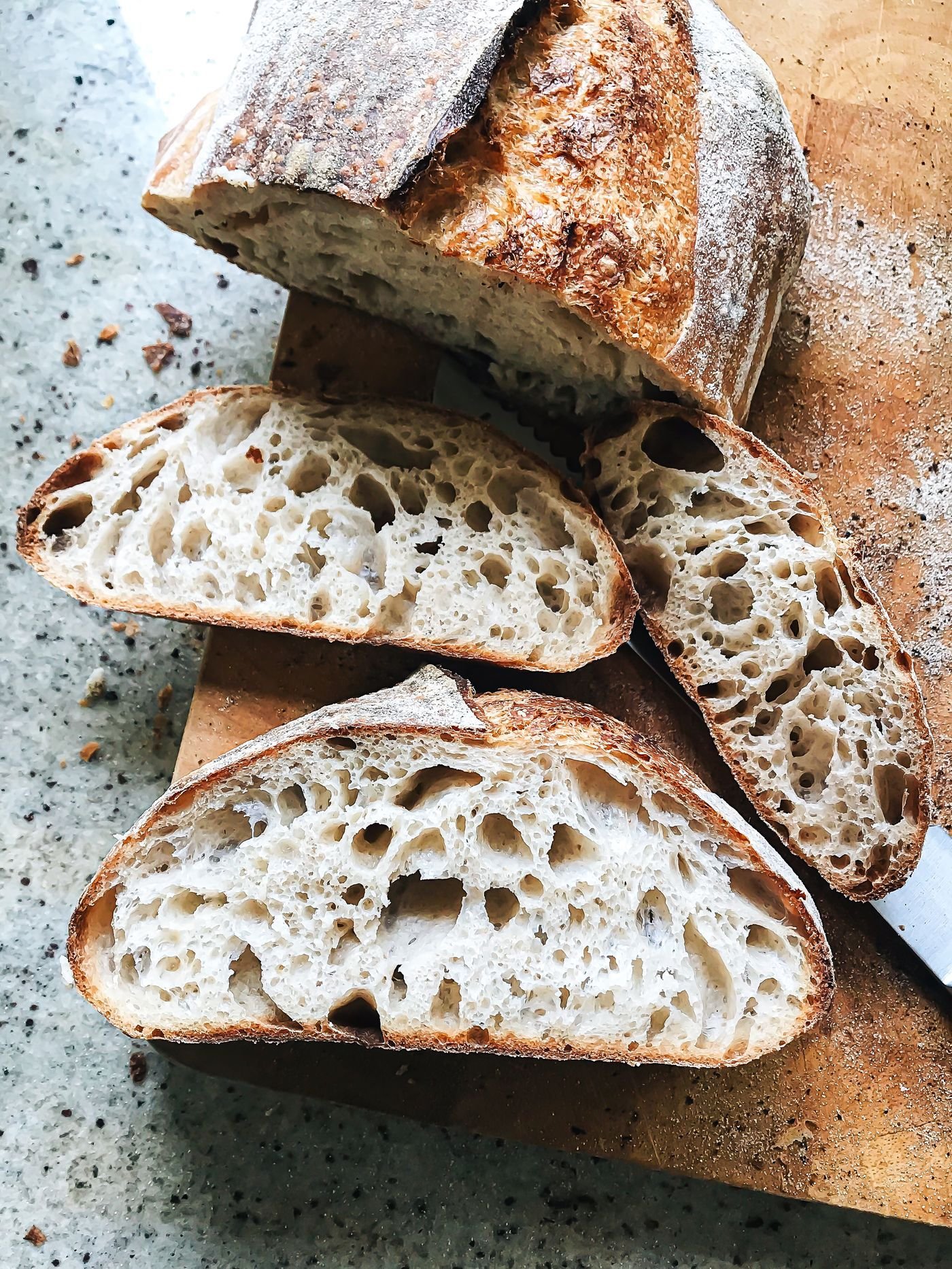 Sliced sourdough showing an open crumb